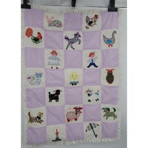 Nora Lee Vintage Handmade Baby Quilt Lavender Patchwork Applique‎ Eyelet Lace